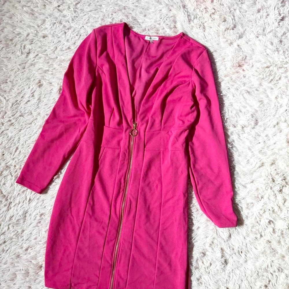 Hot Pink Barbie Core Y2K Clubwear Bodycon Zip Up Dress Womens L Main Character